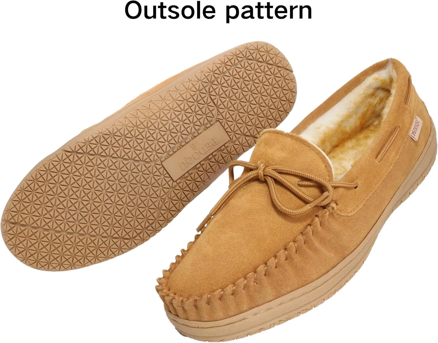 Slippers for Men’s House Shoes Moccasin with Genuine suede Upper Flanel Lining Comfortable Memory Foam Rubber Soles Indoor Outdoor