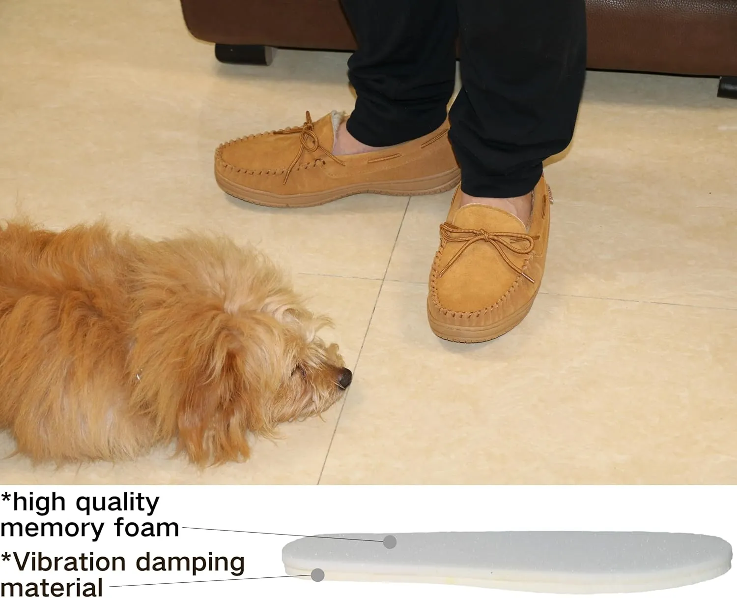Slippers for Men’s House Shoes Moccasin with Genuine suede Upper Flanel Lining Comfortable Memory Foam Rubber Soles Indoor Outdoor
