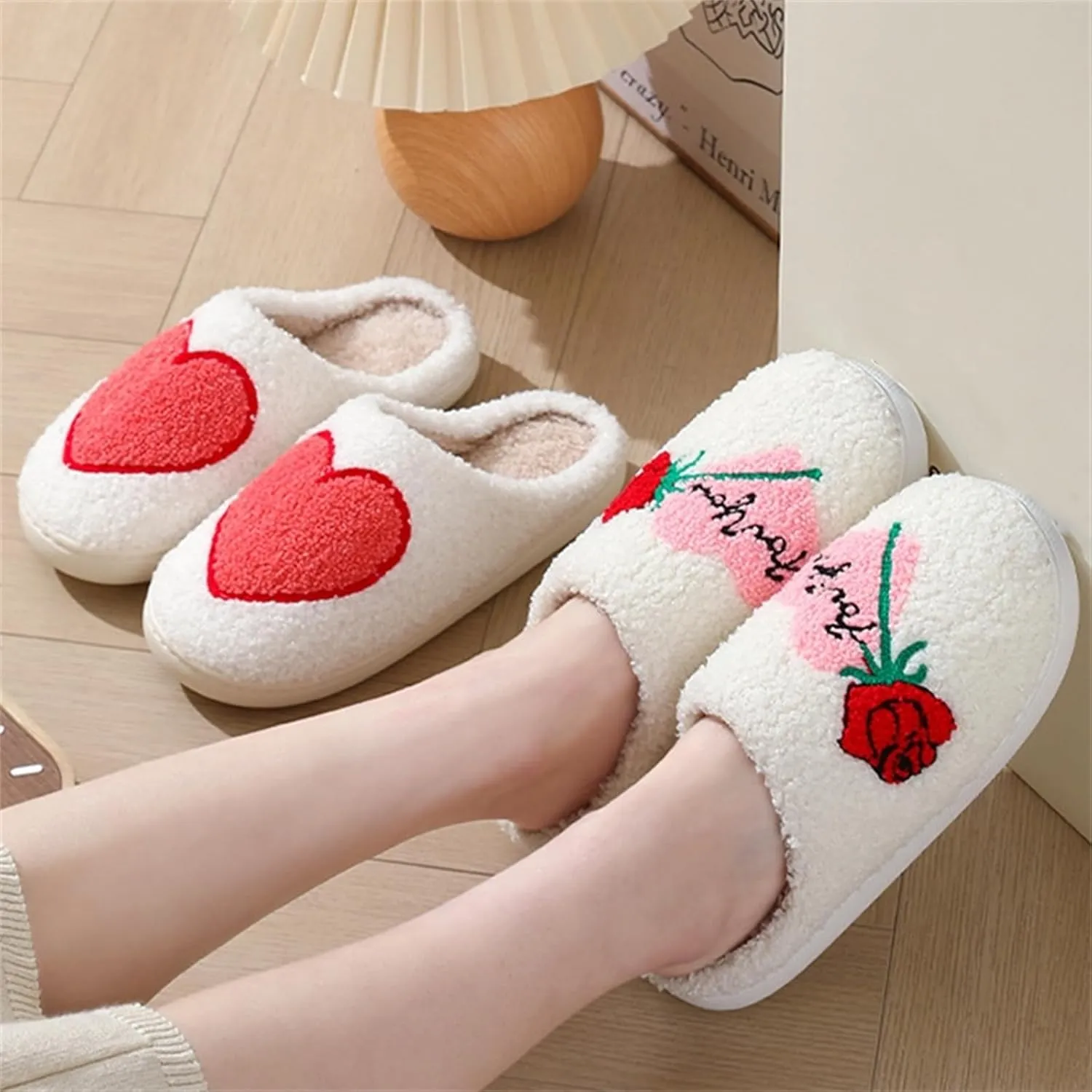 Slippers Women Fuzzy Valentines House Rose Heart Bedroom Platform Fleece Slipper Indoor Couple Warm Cozy Winter Home Non Slip Wool Lined Shoes