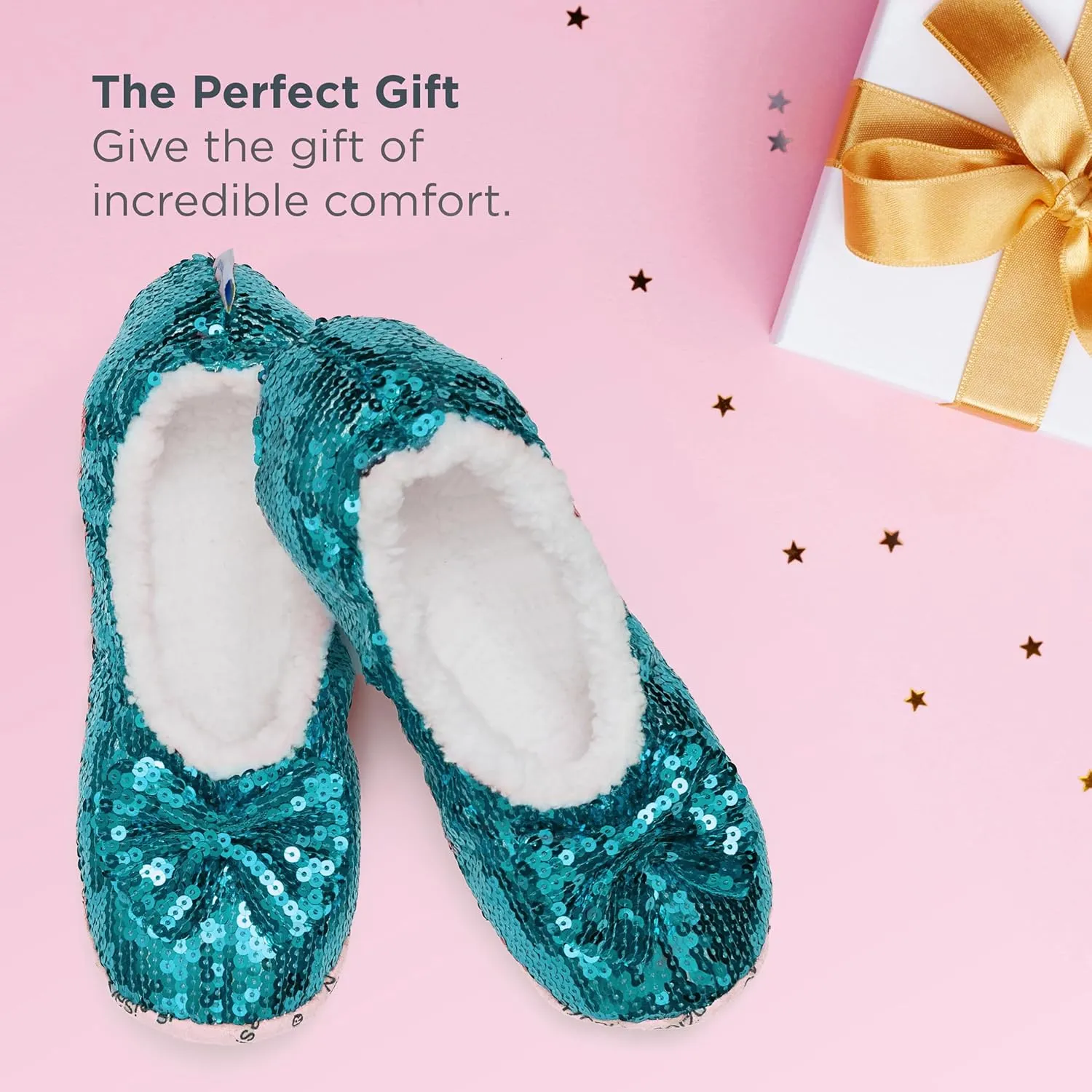 Snoozies Ballerina Bling Metallic Shine Women Slippers | Sequin Socks with Grippers