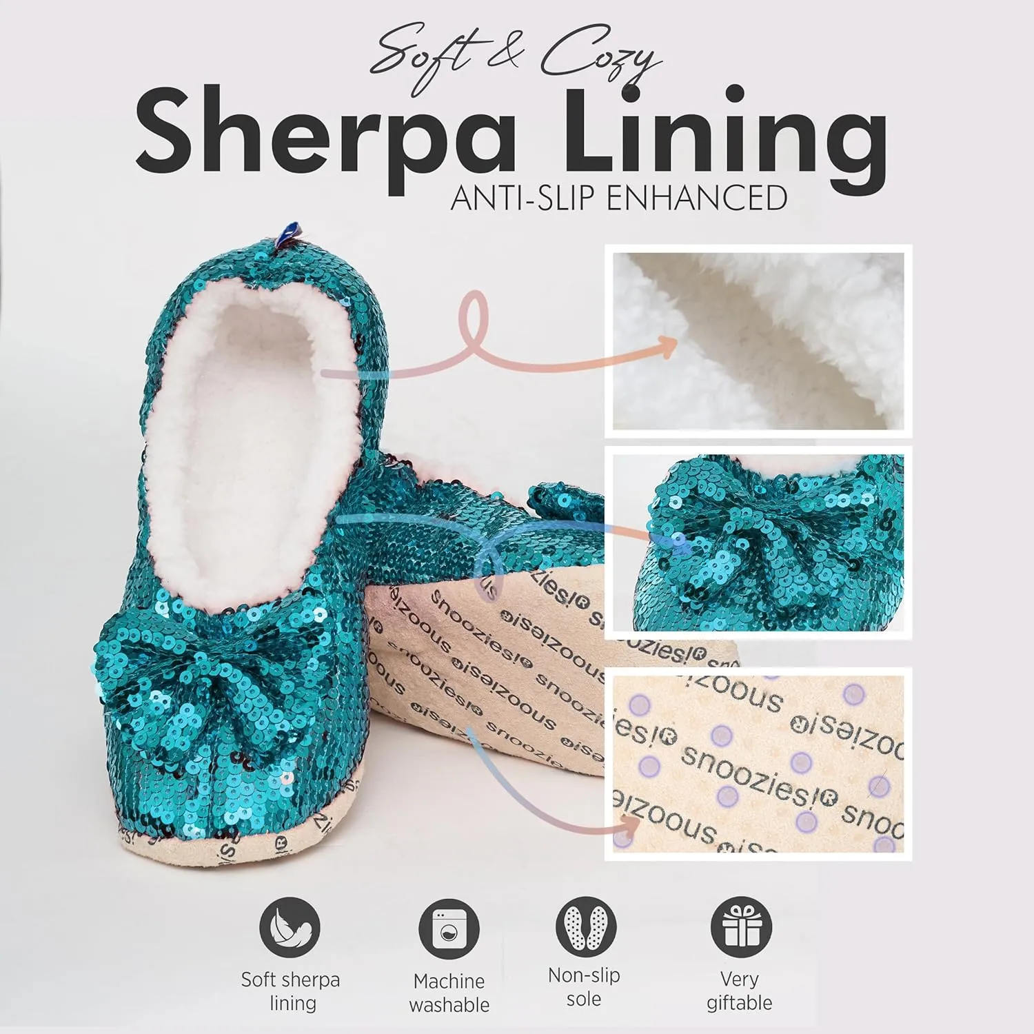 Snoozies Ballerina Bling Metallic Shine Women Slippers | Sequin Socks with Grippers