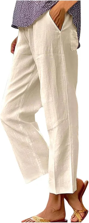 Summer Capri Pants for Women Elastic Waist Cotton Linen Pants Plus Size Casual Straight Leg Cropped Trousers Pockets