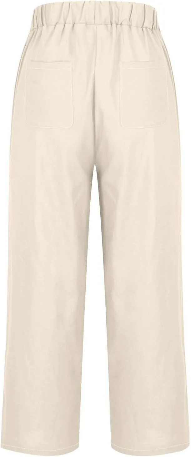Summer Capri Pants for Women Elastic Waist Cotton Linen Pants Plus Size Casual Straight Leg Cropped Trousers Pockets
