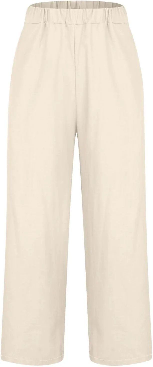 Summer Capri Pants for Women Elastic Waist Cotton Linen Pants Plus Size Casual Straight Leg Cropped Trousers Pockets