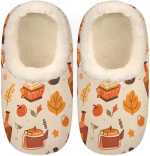 Thanksgiving Pumpkin Slippers for Women Men, Autumn Fall Leaf House Slippers Socks Warm Fuzzy Memory Foam Indoor Slippers Lightweight Cozy Anti-Skid Closed Back Home Shoes, Medium