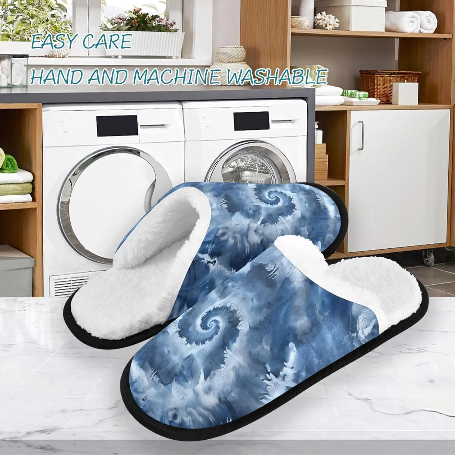 Tie Dye Swirl Indigo Plush Slippers for Women Men Warm Comfortable Travel Spa Slipper Non-slip House Shoes