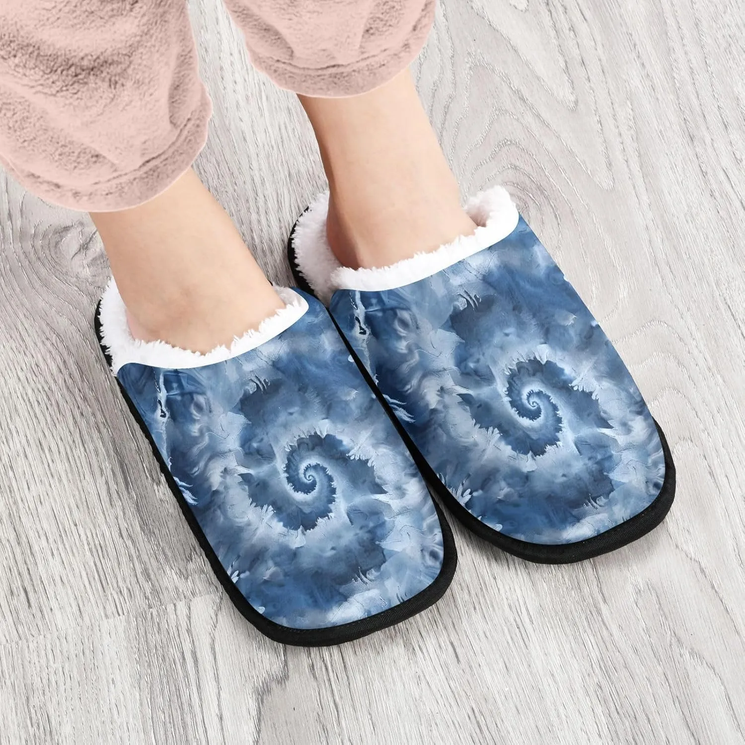 Tie Dye Swirl Indigo Plush Slippers for Women Men Warm Comfortable Travel Spa Slipper Non-slip House Shoes