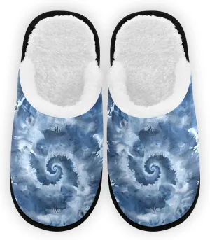 Tie Dye Swirl Indigo Plush Slippers for Women Men Warm Comfortable Travel Spa Slipper Non-slip House Shoes