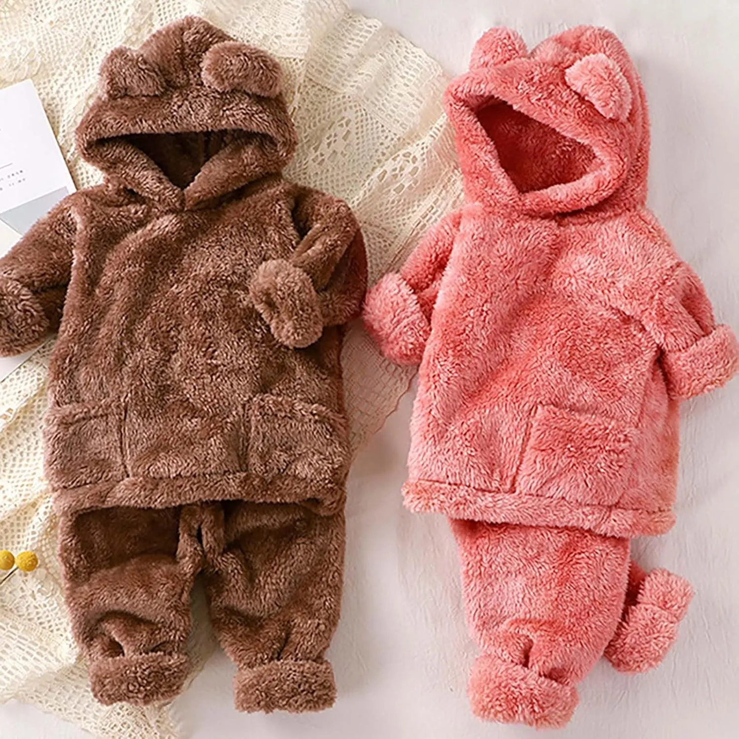 Toddler Kids Winter Warm Hooded Ear Sweatshirt Tops And Pants 2Pcs Set Little Girls Boys Fleece Soft Tracksuit