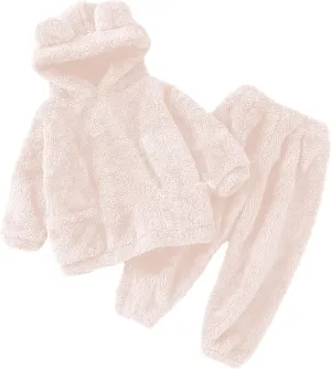 Toddler Kids Winter Warm Hooded Ear Sweatshirt Tops And Pants 2Pcs Set Little Girls Boys Fleece Soft Tracksuit
