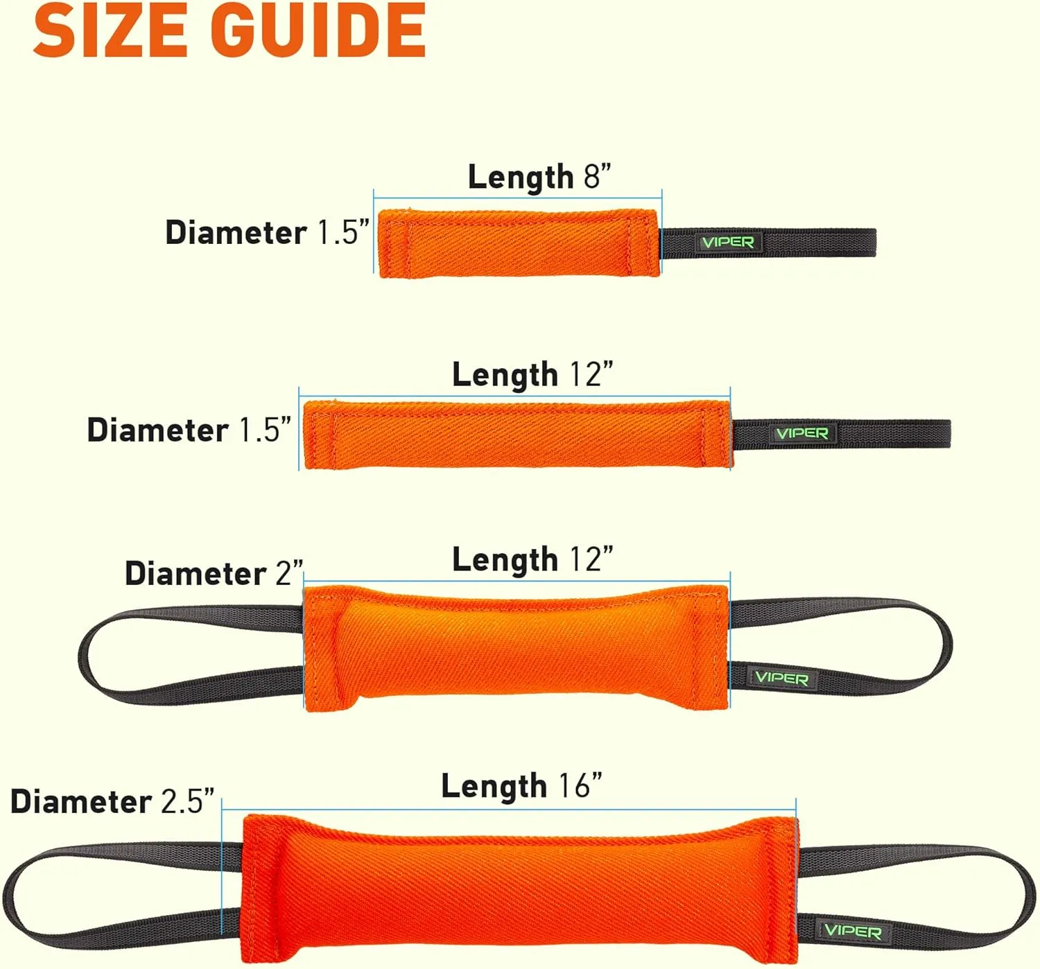 Viper Heavy Duty French Linen Dog Bite Tug Toy - K9 Trainer, Tough and Durable for Dogs Shutzhund IPO K-9 - Orange - 16in L x 2.5in W