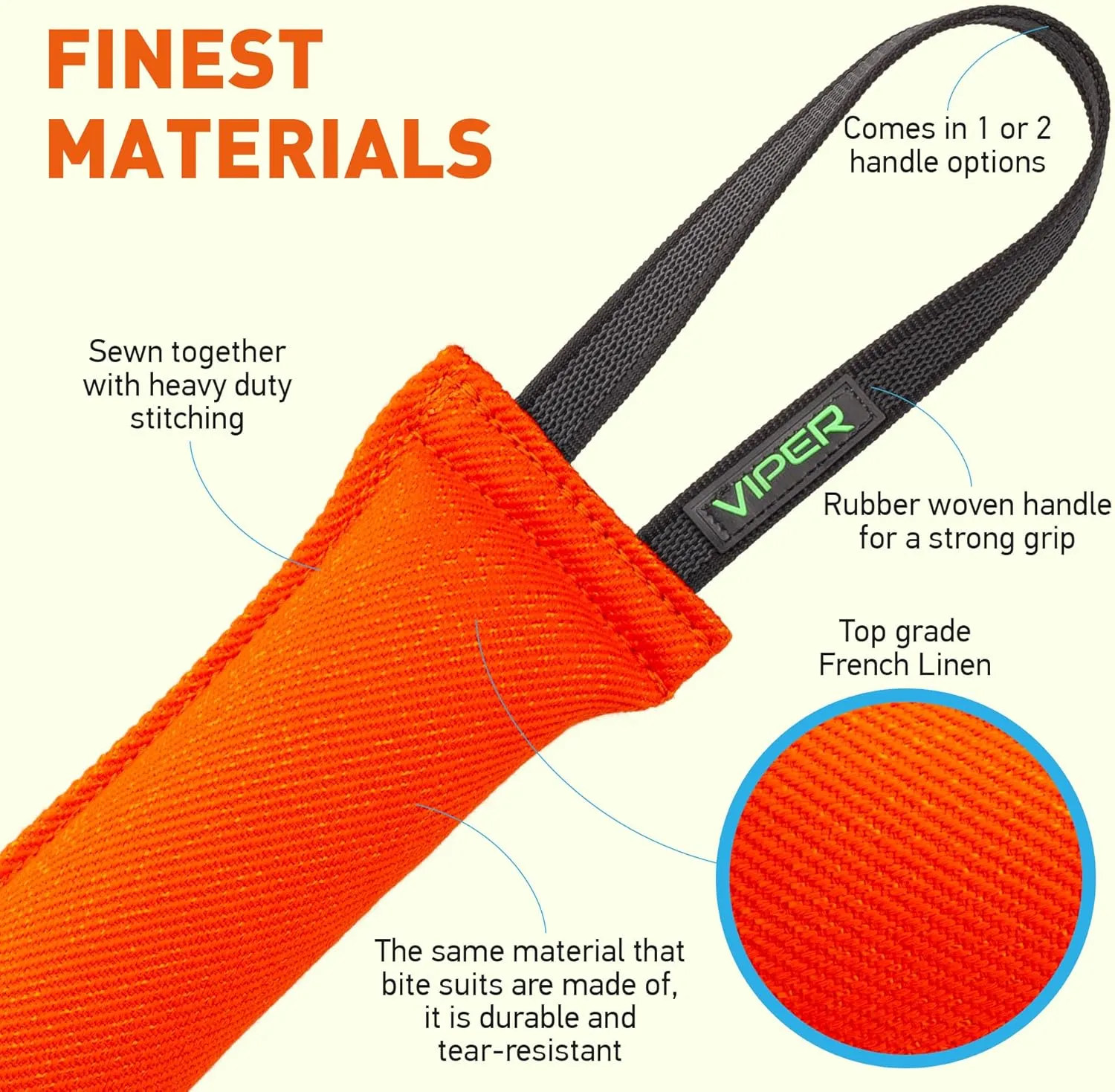 Viper Heavy Duty French Linen Dog Bite Tug Toy - K9 Trainer, Tough and Durable for Dogs Shutzhund IPO K-9 - Orange - 16in L x 2.5in W