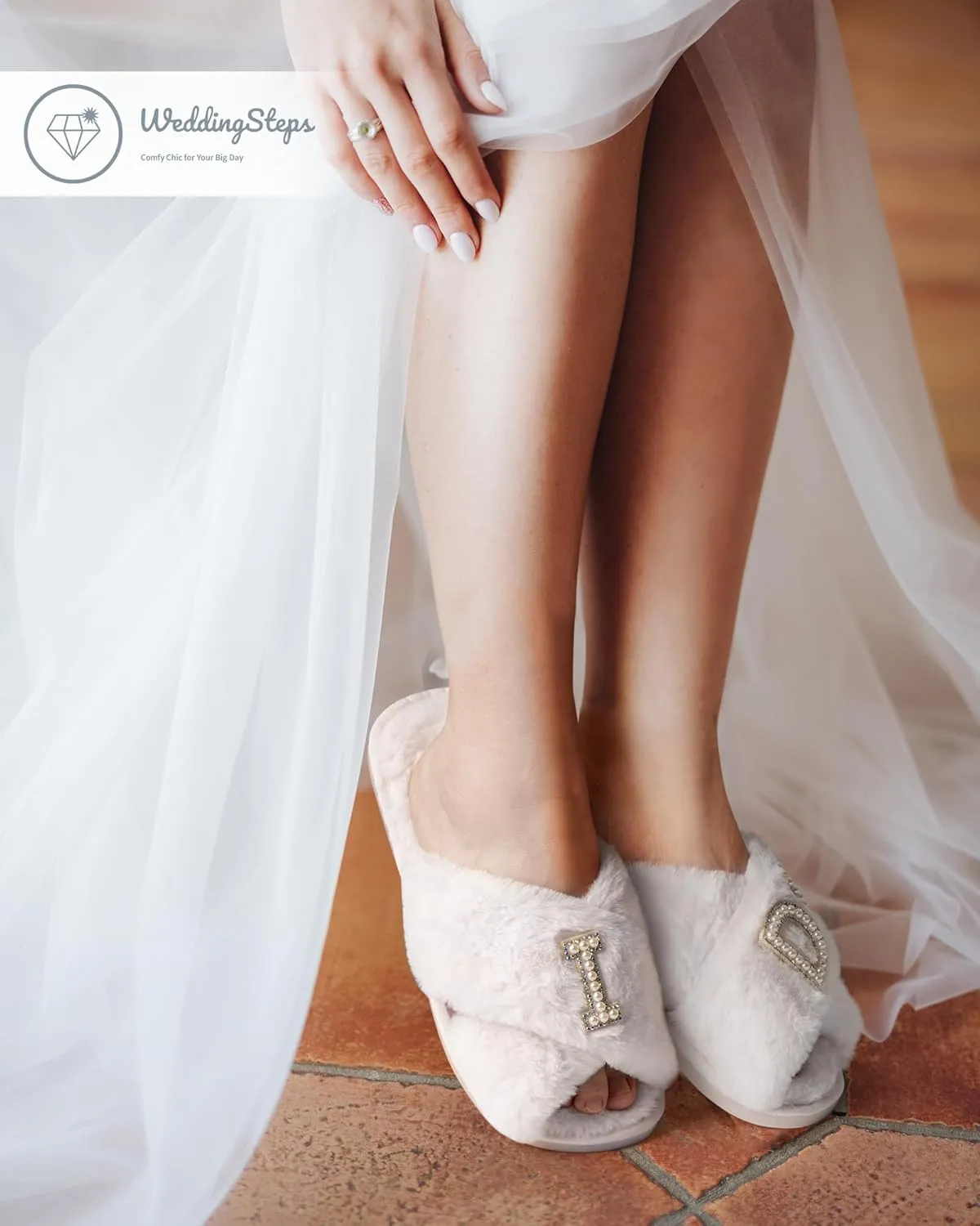WeddingSteps Bride-to-Be Slippers - Comfy and Stylish Bridal Footwear with Elegant White Fur and Embroidery - Perfect Bachelorette Gift