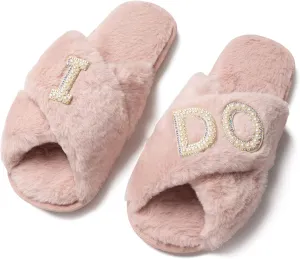 WeddingSteps Bride-to-Be Slippers - Comfy and Stylish Bridal Footwear with Elegant White Fur and Embroidery - Perfect Bachelorette Gift
