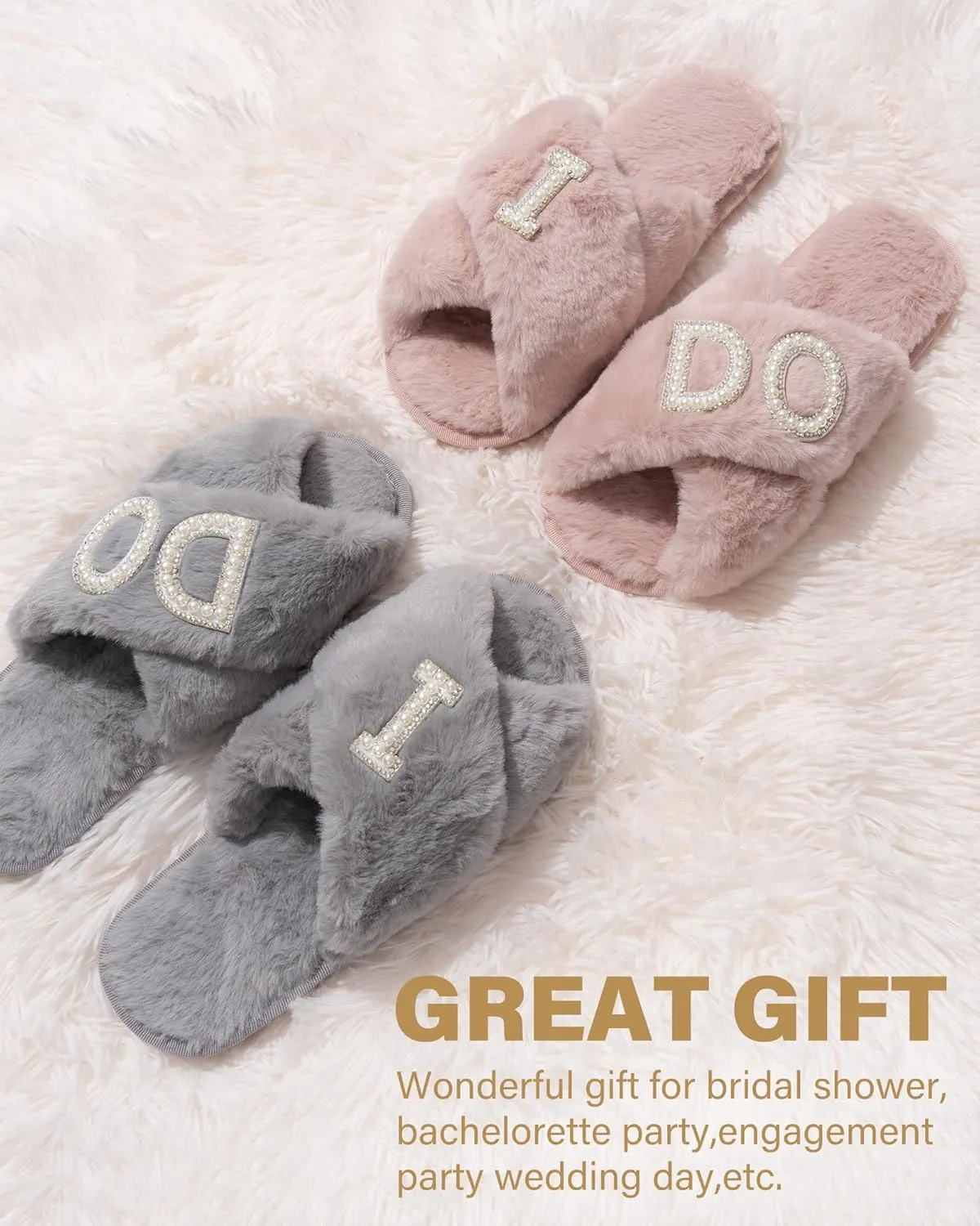 WeddingSteps Bride-to-Be Slippers - Comfy and Stylish Bridal Footwear with Elegant White Fur and Embroidery - Perfect Bachelorette Gift
