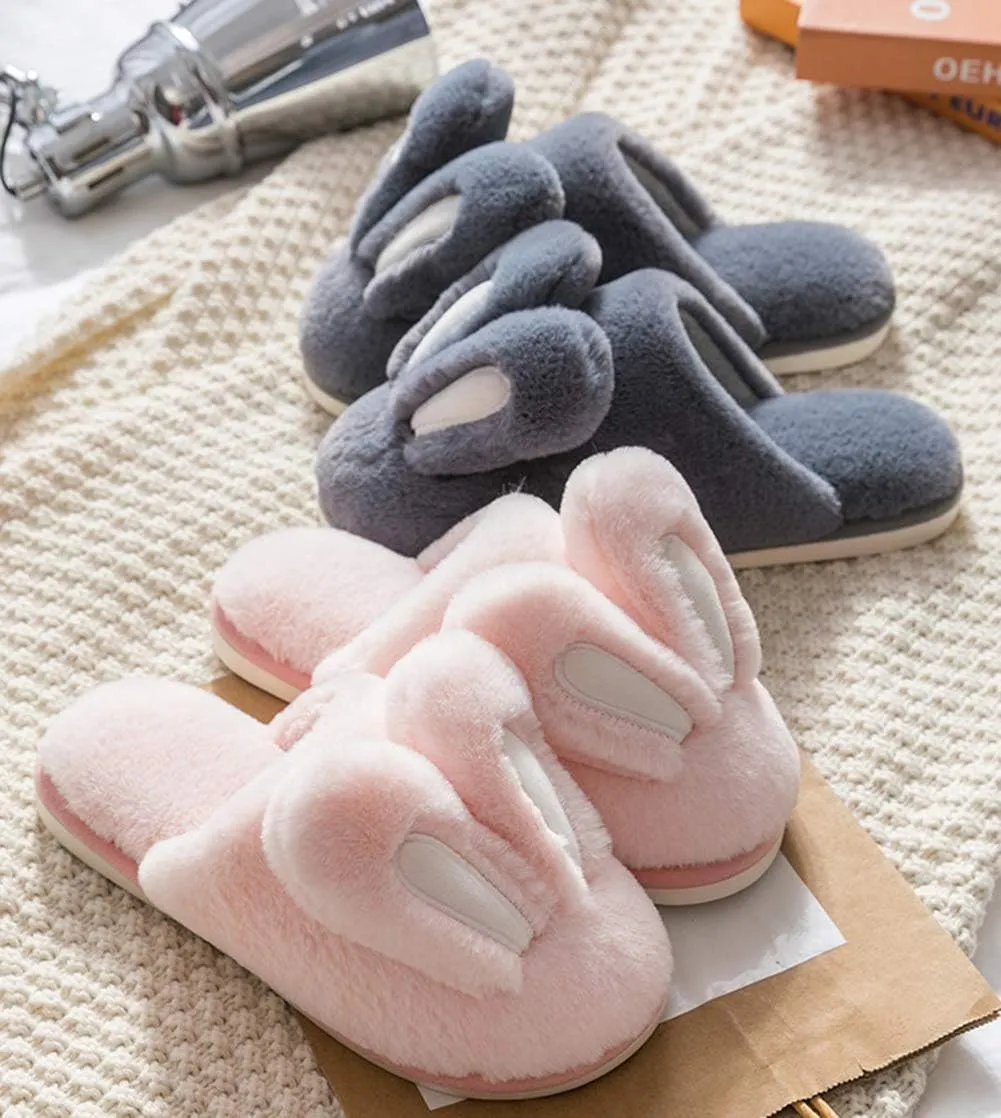 Women Cute Rabbit Ear Plush Slippers House Non-Slip Fluffy Bunny Slipper Indoor Warm Plush Animal Shoes