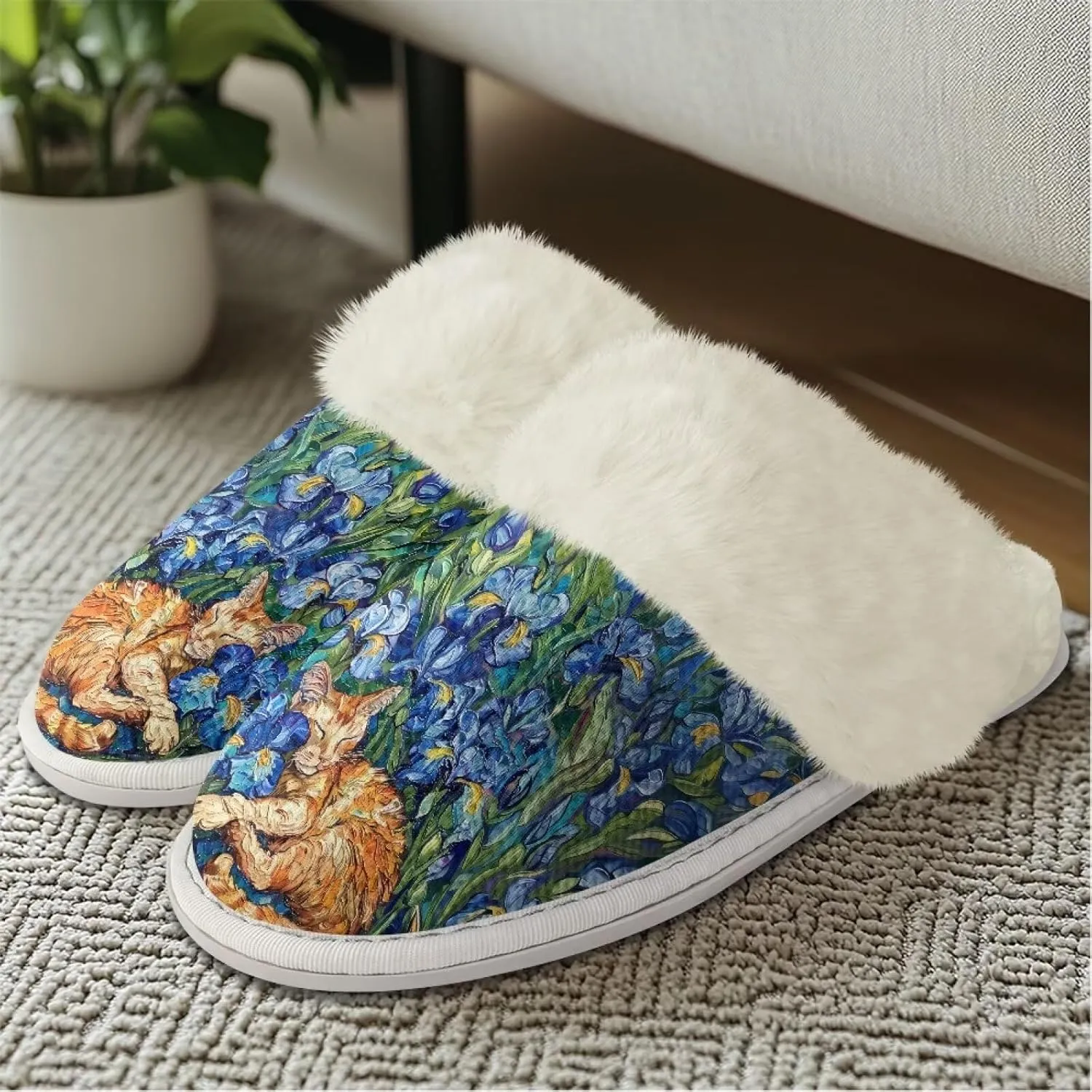 Women Novelty Print Fuzzy Slippers Winter Casual Slip-on Indoor Shoes Warm Cozy House Slipper Bedroom Slippers