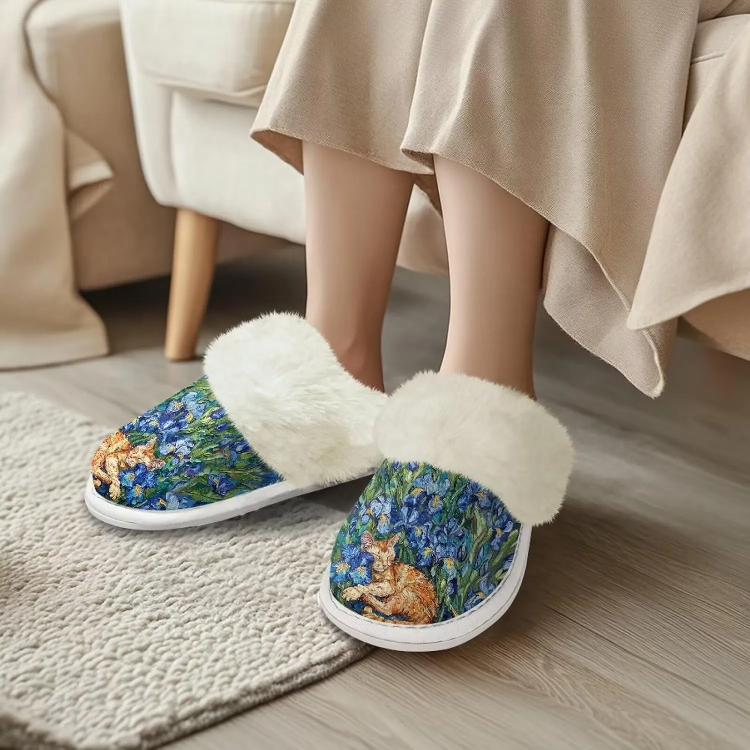 Women Novelty Print Fuzzy Slippers Winter Casual Slip-on Indoor Shoes Warm Cozy House Slipper Bedroom Slippers