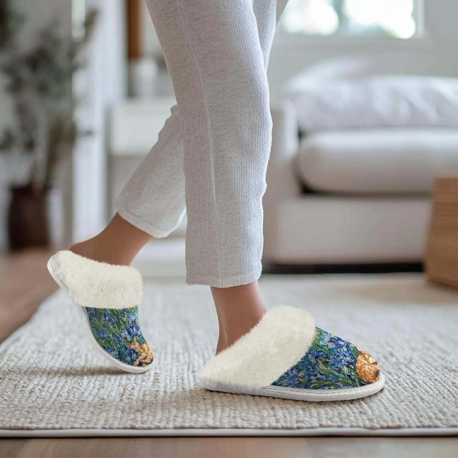 Women Novelty Print Fuzzy Slippers Winter Casual Slip-on Indoor Shoes Warm Cozy House Slipper Bedroom Slippers