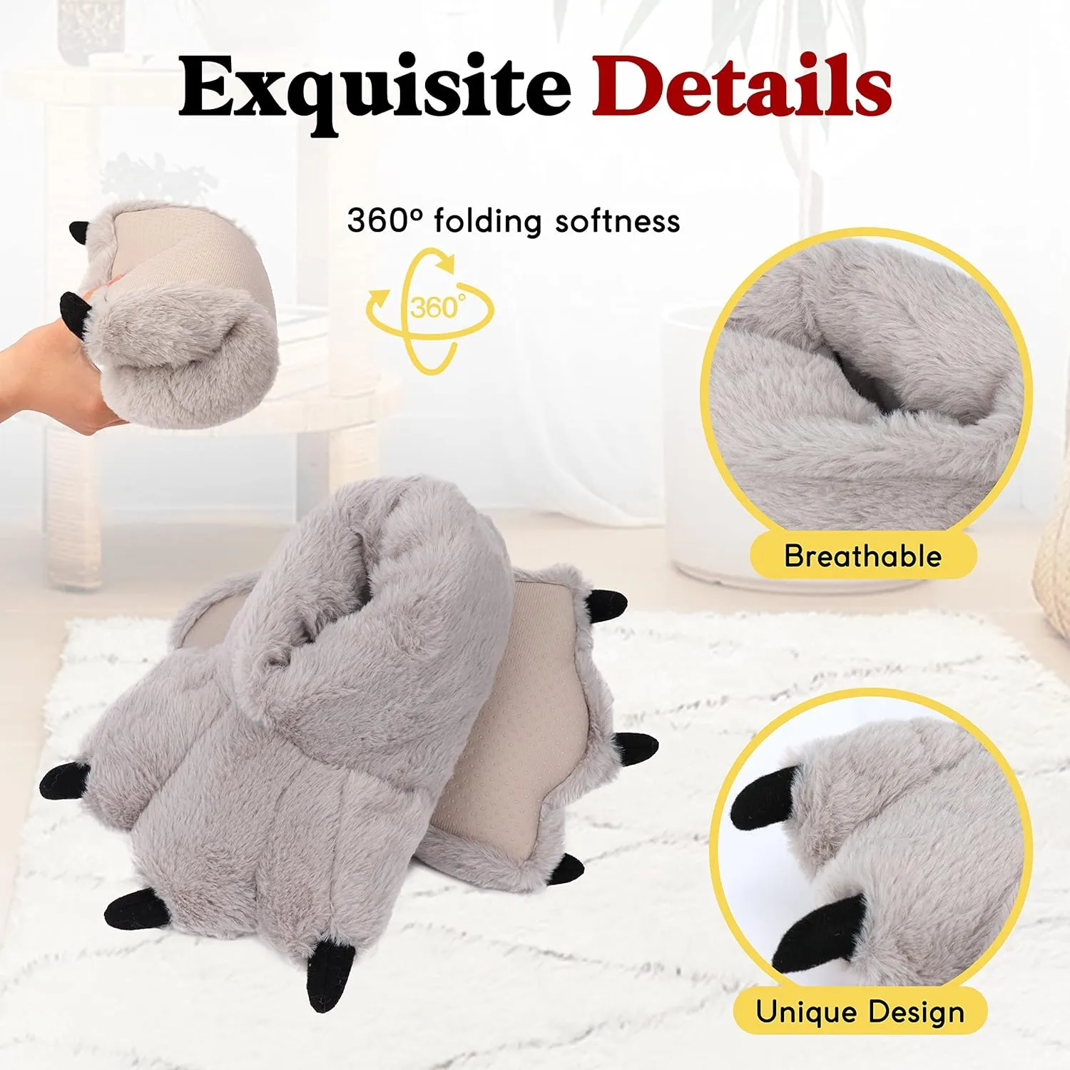 Women Plush Animal Paw Slippers Funny Novelty Bear Claw Slippers Cozy Furry Warm Memory Foam Slippers Gifts for Halloween Christmas