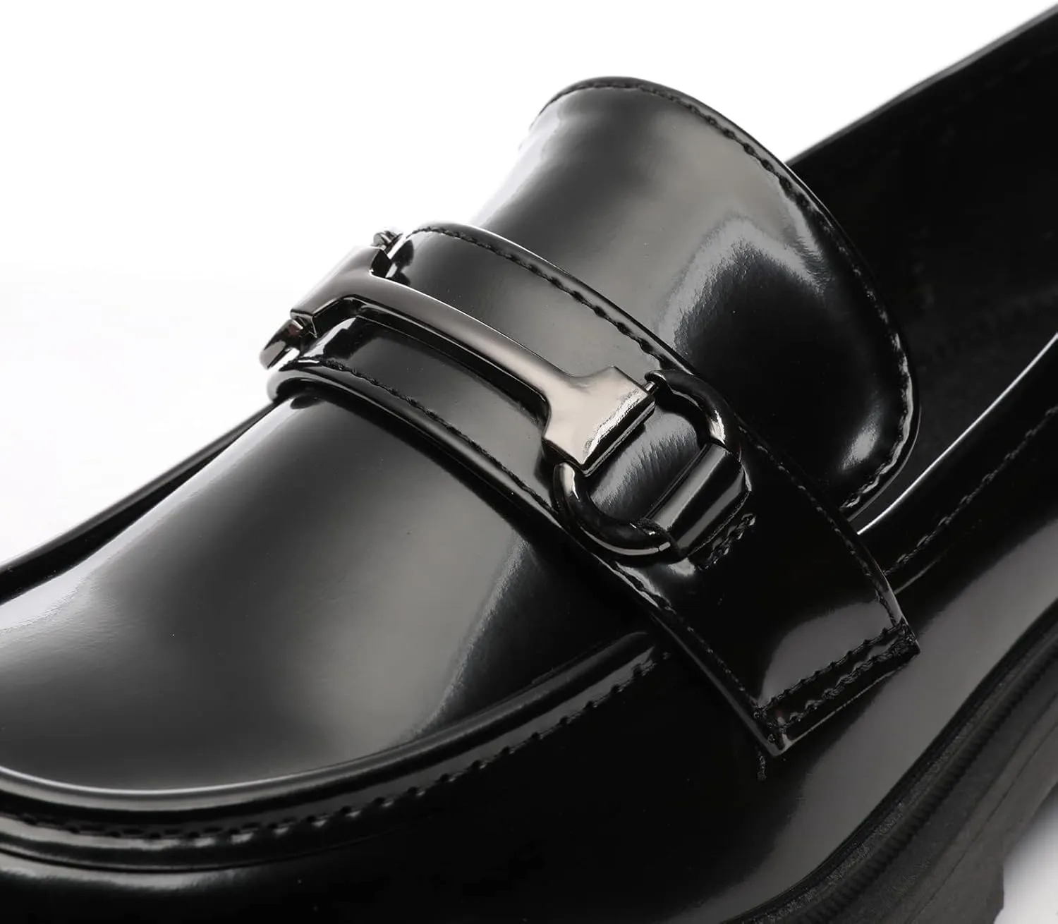 Women's Chunky Platform Loafers with Chain or Buckle Patent Leather Black Penny Loafers Fashion Office Shoes School Dress Shoes Comfort Slip-on