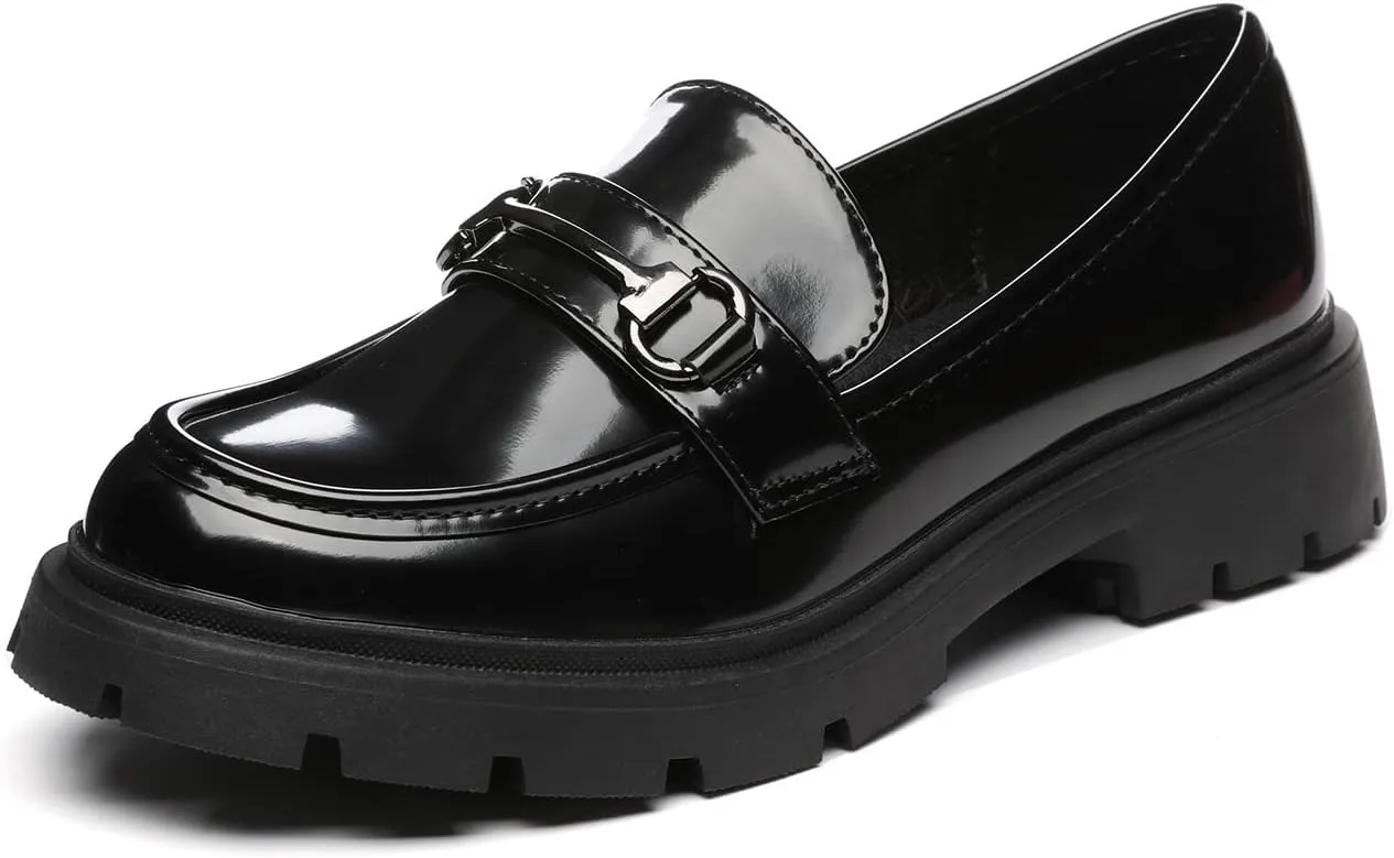 Women's Chunky Platform Loafers with Chain or Buckle Patent Leather Black Penny Loafers Fashion Office Shoes School Dress Shoes Comfort Slip-on