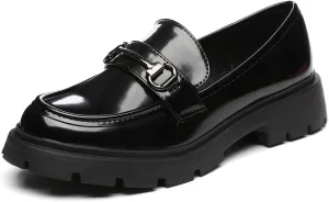 Women's Chunky Platform Loafers with Chain or Buckle Patent Leather Black Penny Loafers Fashion Office Shoes School Dress Shoes Comfort Slip-on