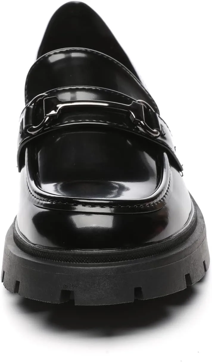 Women's Chunky Platform Loafers with Chain or Buckle Patent Leather Black Penny Loafers Fashion Office Shoes School Dress Shoes Comfort Slip-on