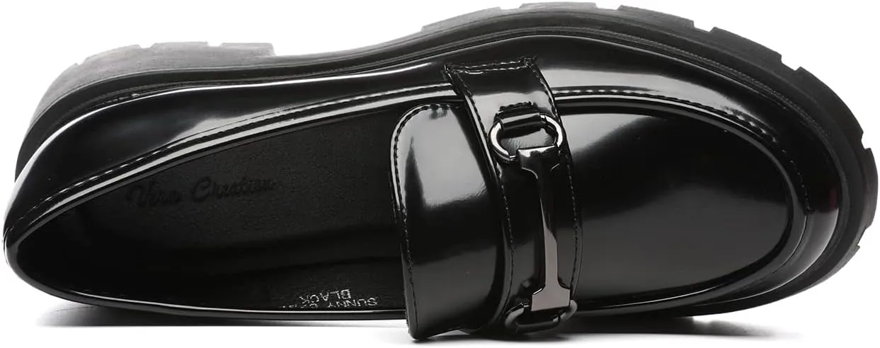 Women's Chunky Platform Loafers with Chain or Buckle Patent Leather Black Penny Loafers Fashion Office Shoes School Dress Shoes Comfort Slip-on