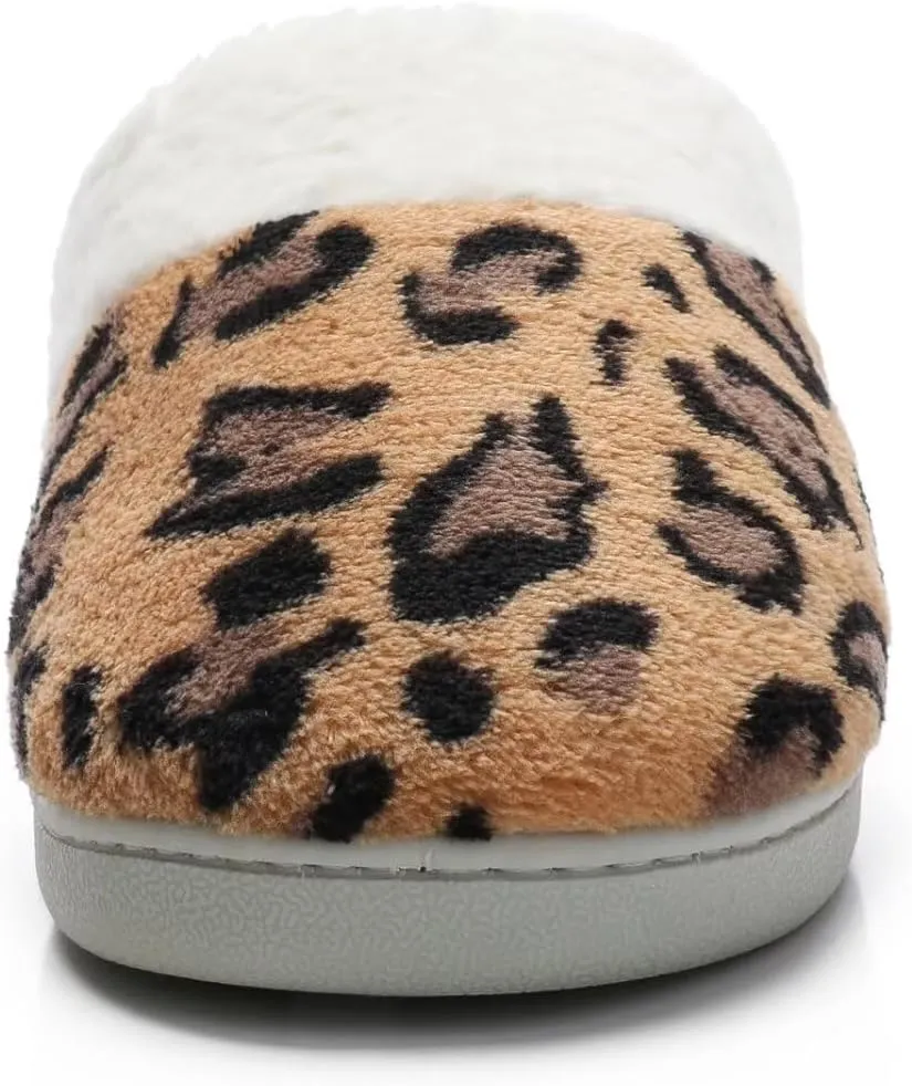 Women's Leopard Slippers Coral Fleece Lined Knitted Plush Fabric Comfy Memory Foam Anti-Skid Home Shoes Indoor Outdoor