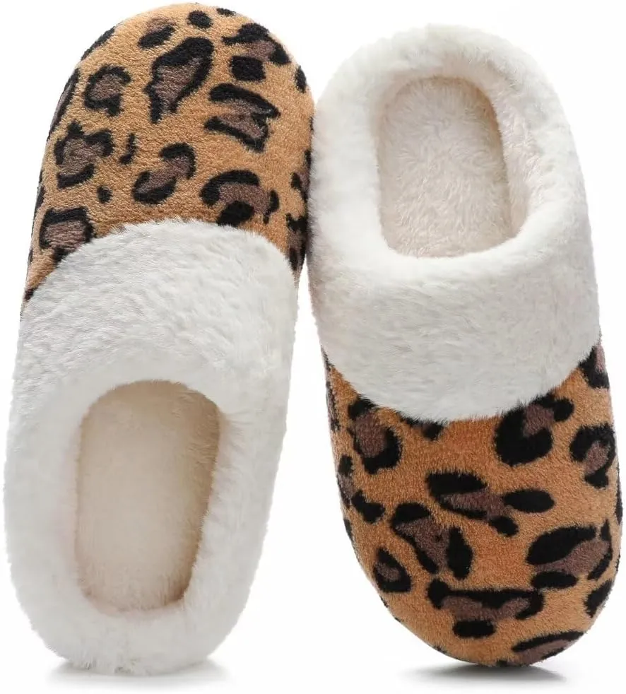 Women's Leopard Slippers Coral Fleece Lined Knitted Plush Fabric Comfy Memory Foam Anti-Skid Home Shoes Indoor Outdoor