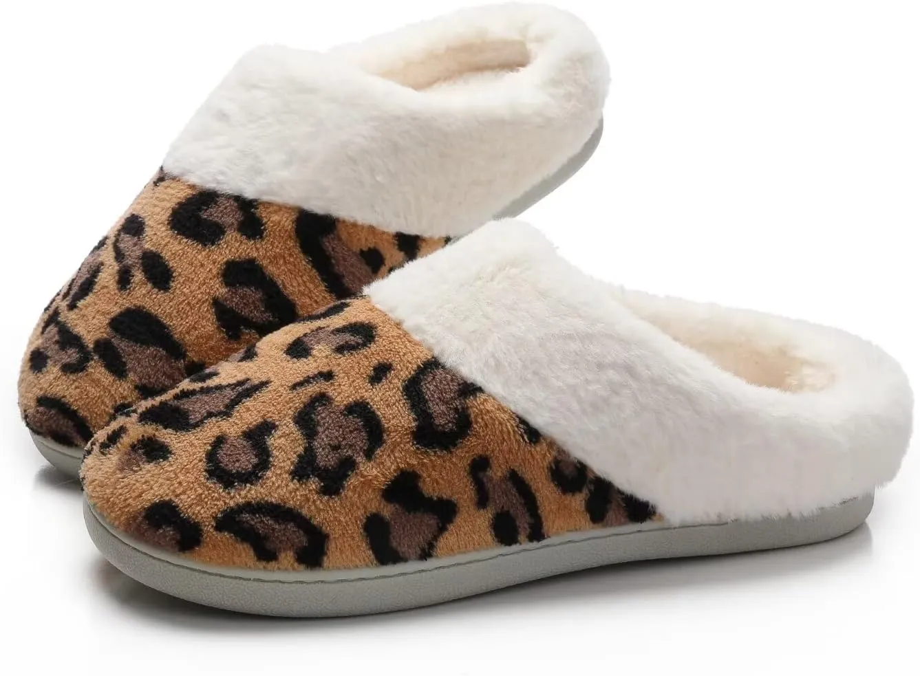 Women's Leopard Slippers Coral Fleece Lined Knitted Plush Fabric Comfy Memory Foam Anti-Skid Home Shoes Indoor Outdoor
