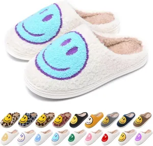 Women's Men's Retro Preppy Happy Face Slippers Comfy Warm Plush Slip-On House Slipper for Winter Indoor Soft Cushion Non-slip Fluffy Slides Slippers