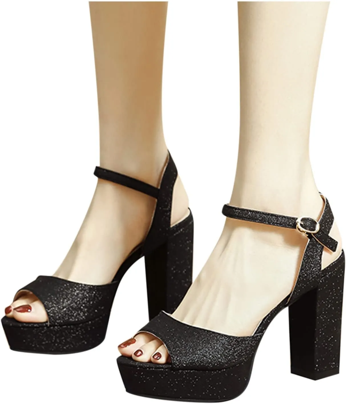 Womens Open Toe Chunky Sandals Classic Casual Strap Buckle High Heels Platform Sandals Sexy Shiny Surface Ladies Thick Heel Shoes Sandalias