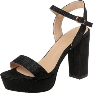 Womens Open Toe Chunky Sandals Classic Casual Strap Buckle High Heels Platform Sandals Sexy Shiny Surface Ladies Thick Heel Shoes Sandalias