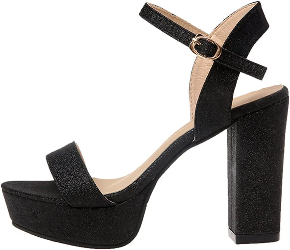 Womens Open Toe Chunky Sandals Classic Casual Strap Buckle High Heels Platform Sandals Sexy Shiny Surface Ladies Thick Heel Shoes Sandalias