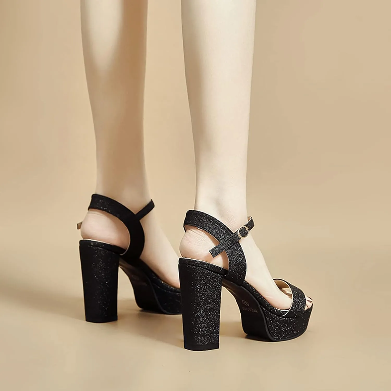 Womens Open Toe Chunky Sandals Classic Casual Strap Buckle High Heels Platform Sandals Sexy Shiny Surface Ladies Thick Heel Shoes Sandalias