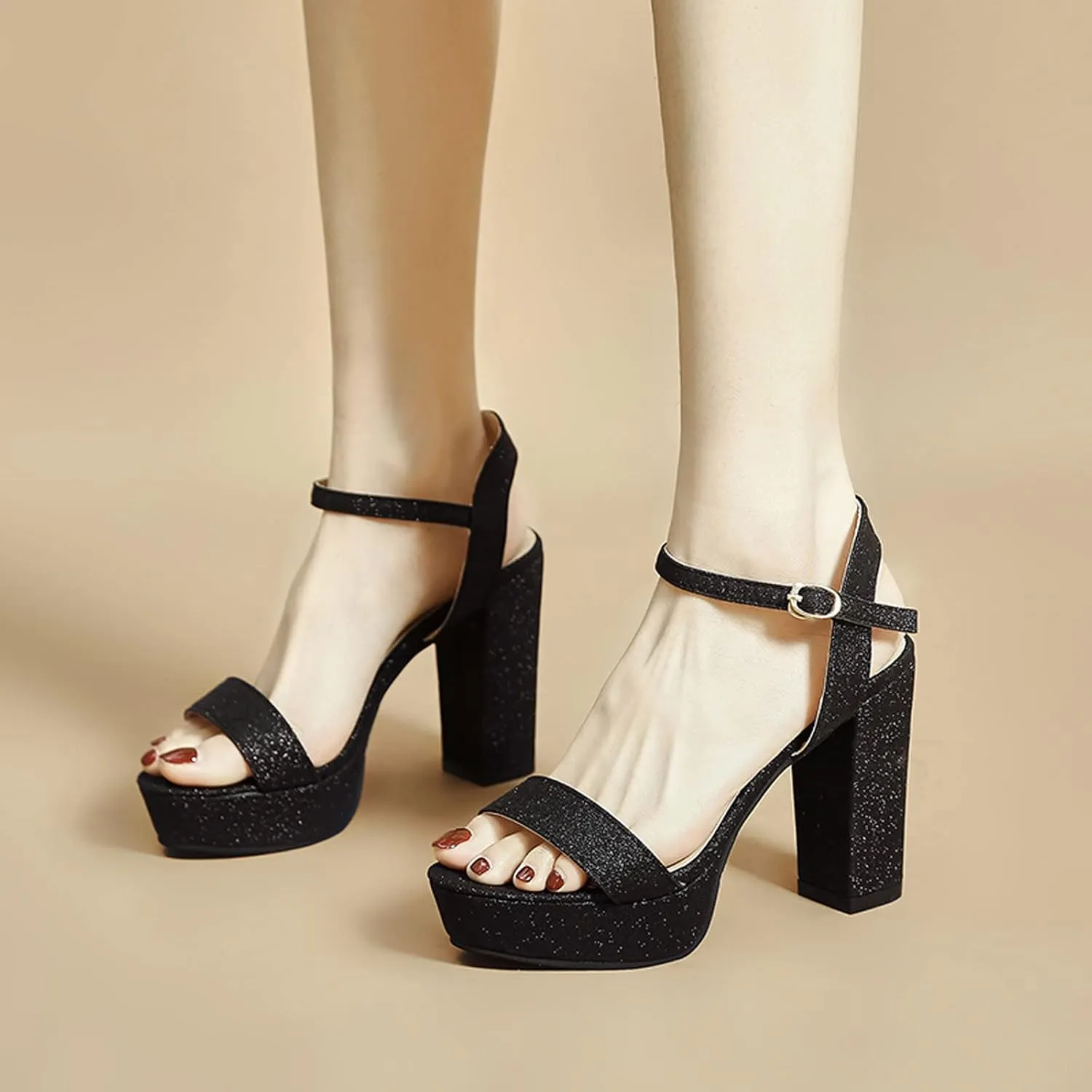 Womens Open Toe Chunky Sandals Classic Casual Strap Buckle High Heels Platform Sandals Sexy Shiny Surface Ladies Thick Heel Shoes Sandalias