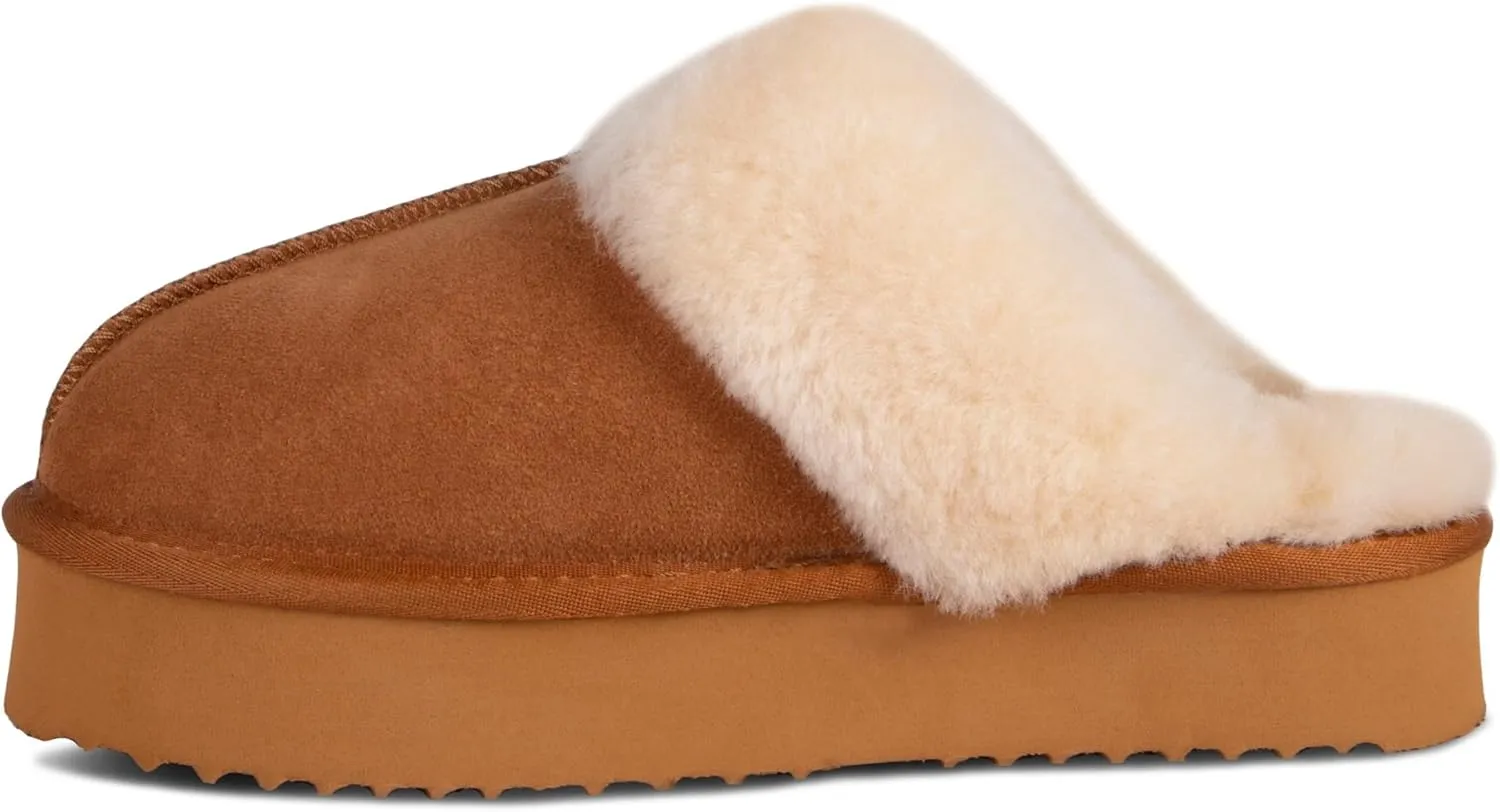 Womens Platform Scuff Slipper Genuine Sheepskin with Suede Leather Upper
