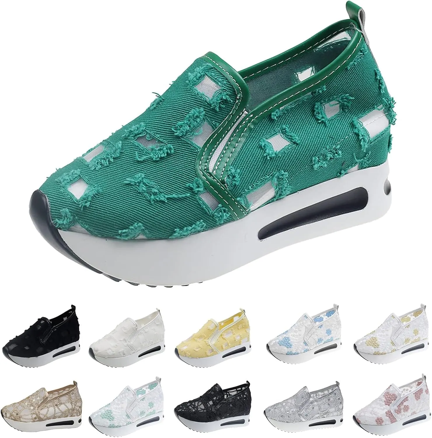 Womens Platform Wedge Sneakers Fashion Mesh Floral Embroidery Breathable Slip on Air Comfort Chunky Arch Support Walking Shoes