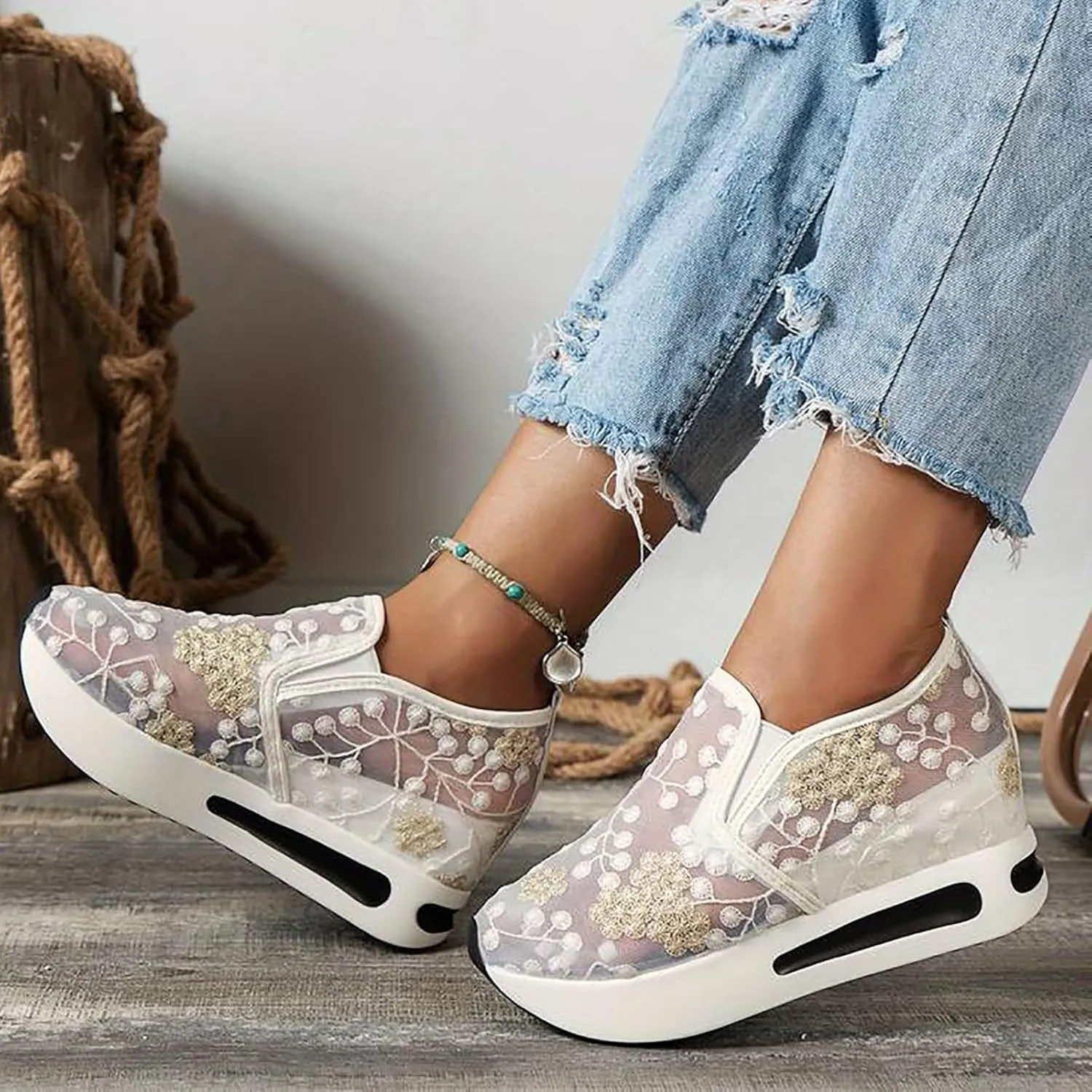 Womens Platform Wedge Sneakers Fashion Mesh Floral Embroidery Breathable Slip on Air Comfort Chunky Arch Support Walking Shoes
