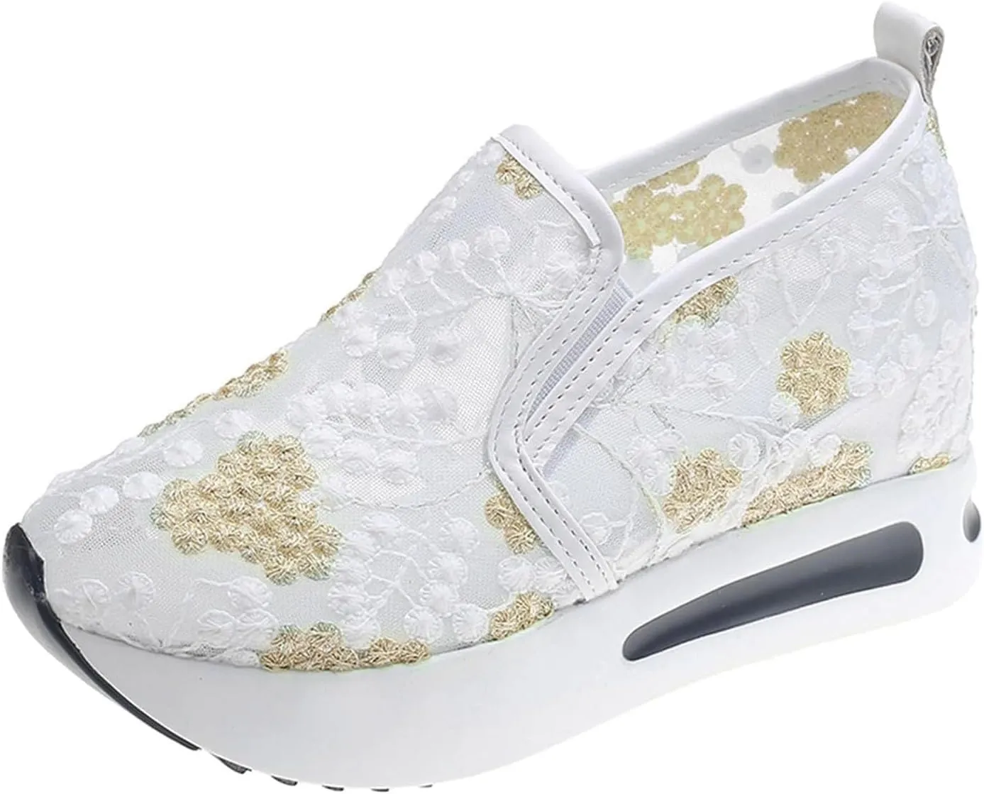 Womens Platform Wedge Sneakers Fashion Mesh Floral Embroidery Breathable Slip on Air Comfort Chunky Arch Support Walking Shoes