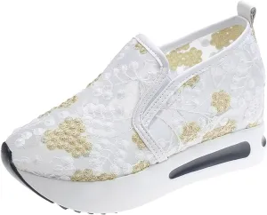 Womens Platform Wedge Sneakers Fashion Mesh Floral Embroidery Breathable Slip on Air Comfort Chunky Arch Support Walking Shoes