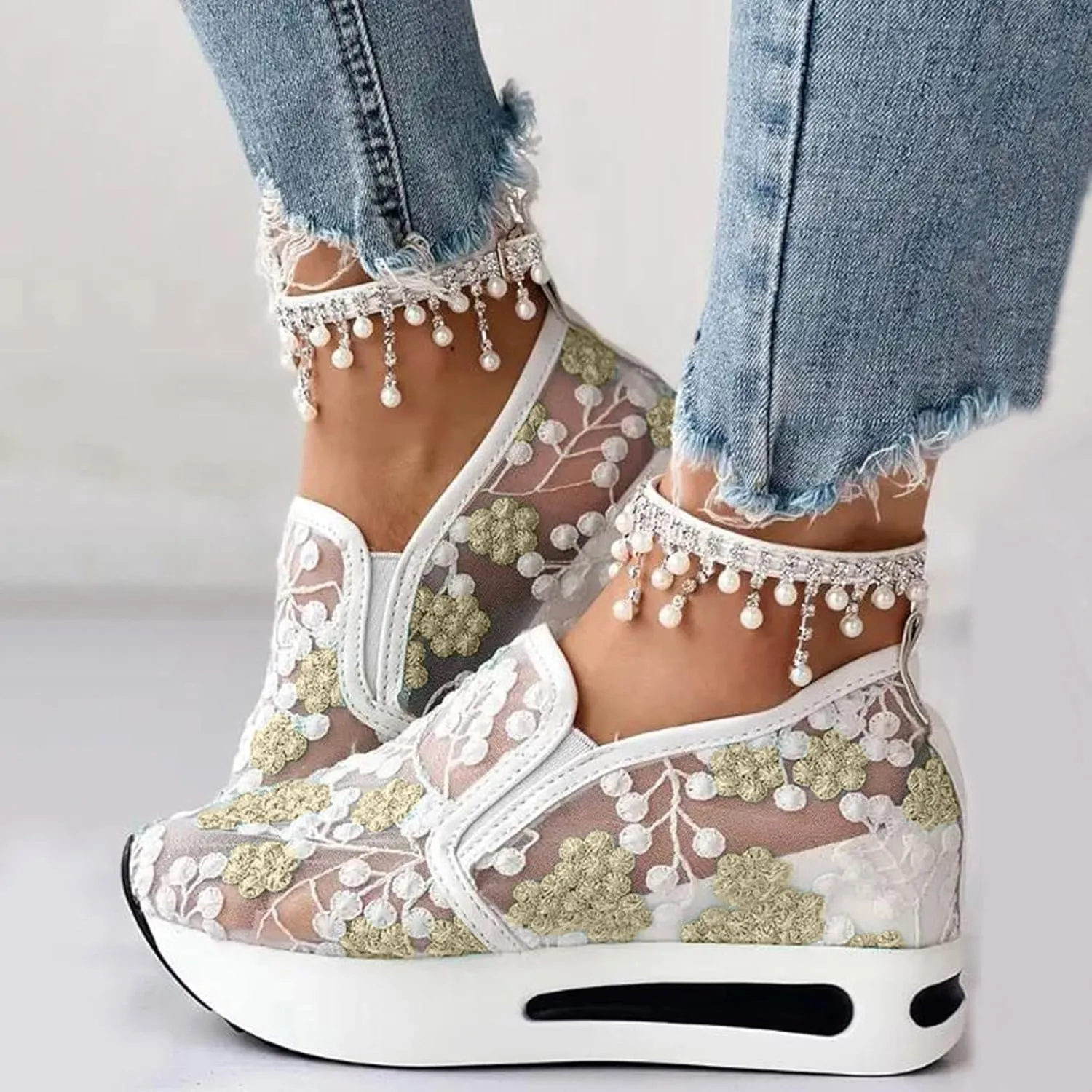 Womens Platform Wedge Sneakers Fashion Mesh Floral Embroidery Breathable Slip on Air Comfort Chunky Arch Support Walking Shoes