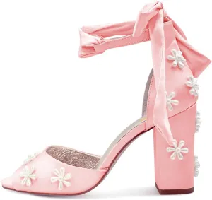 XYD Women Open Toe Sandals with Bloom Pearl Flower Ankle Strap Lace-up Chunky Block Heel Wedding Bridal Shoes
