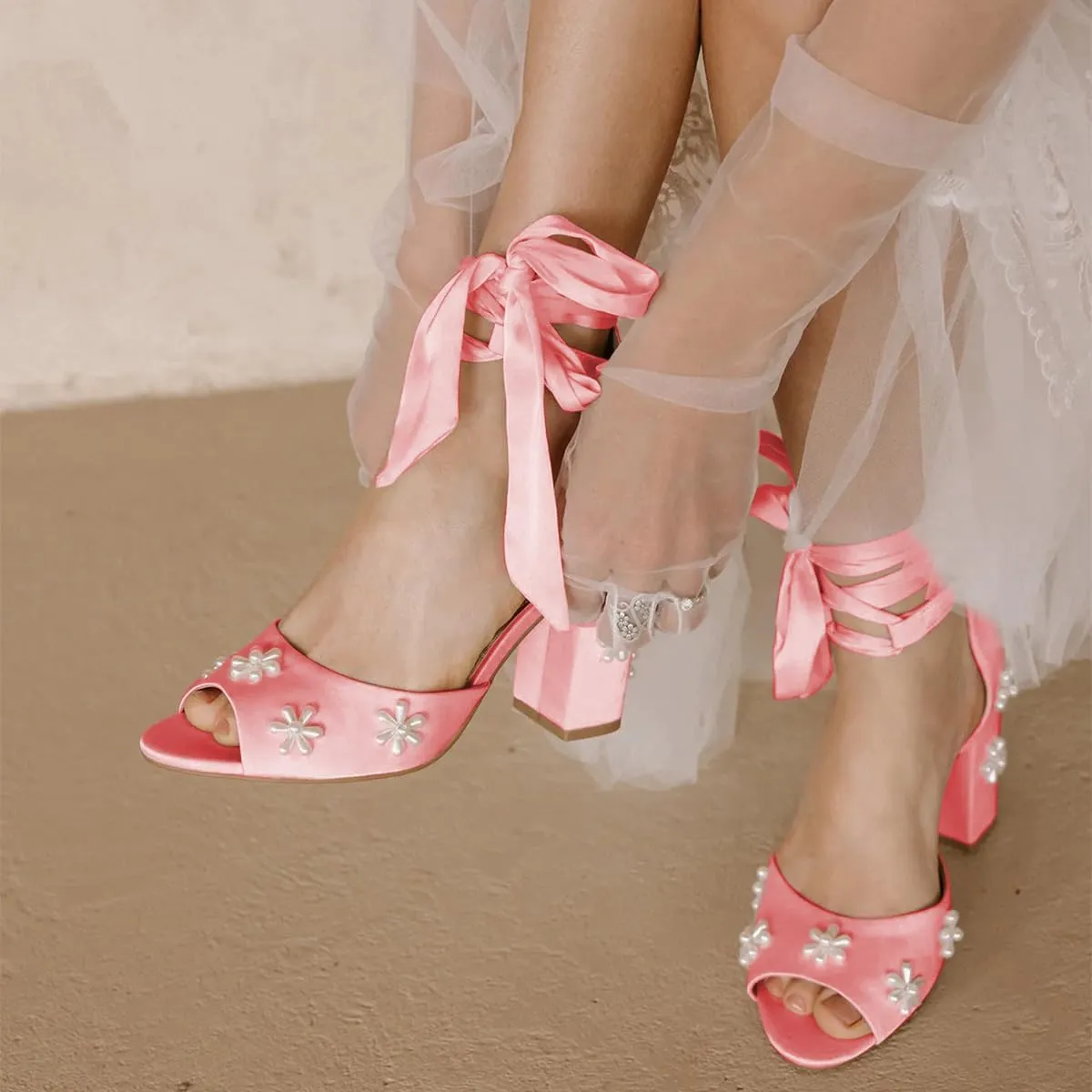 XYD Women Open Toe Sandals with Bloom Pearl Flower Ankle Strap Lace-up Chunky Block Heel Wedding Bridal Shoes