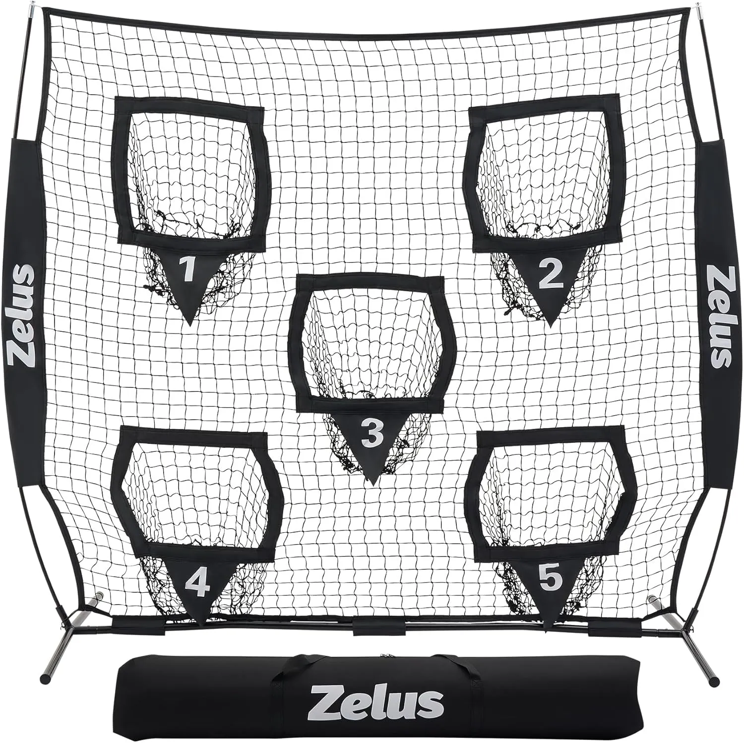 ZELUS Football Throwing Net, Quarterback Training Equipment with 5 Target Pockets, Football Practice Throwing Passing Accuracy Trainer with Carry Bag Ground Stakes for Kids Adults