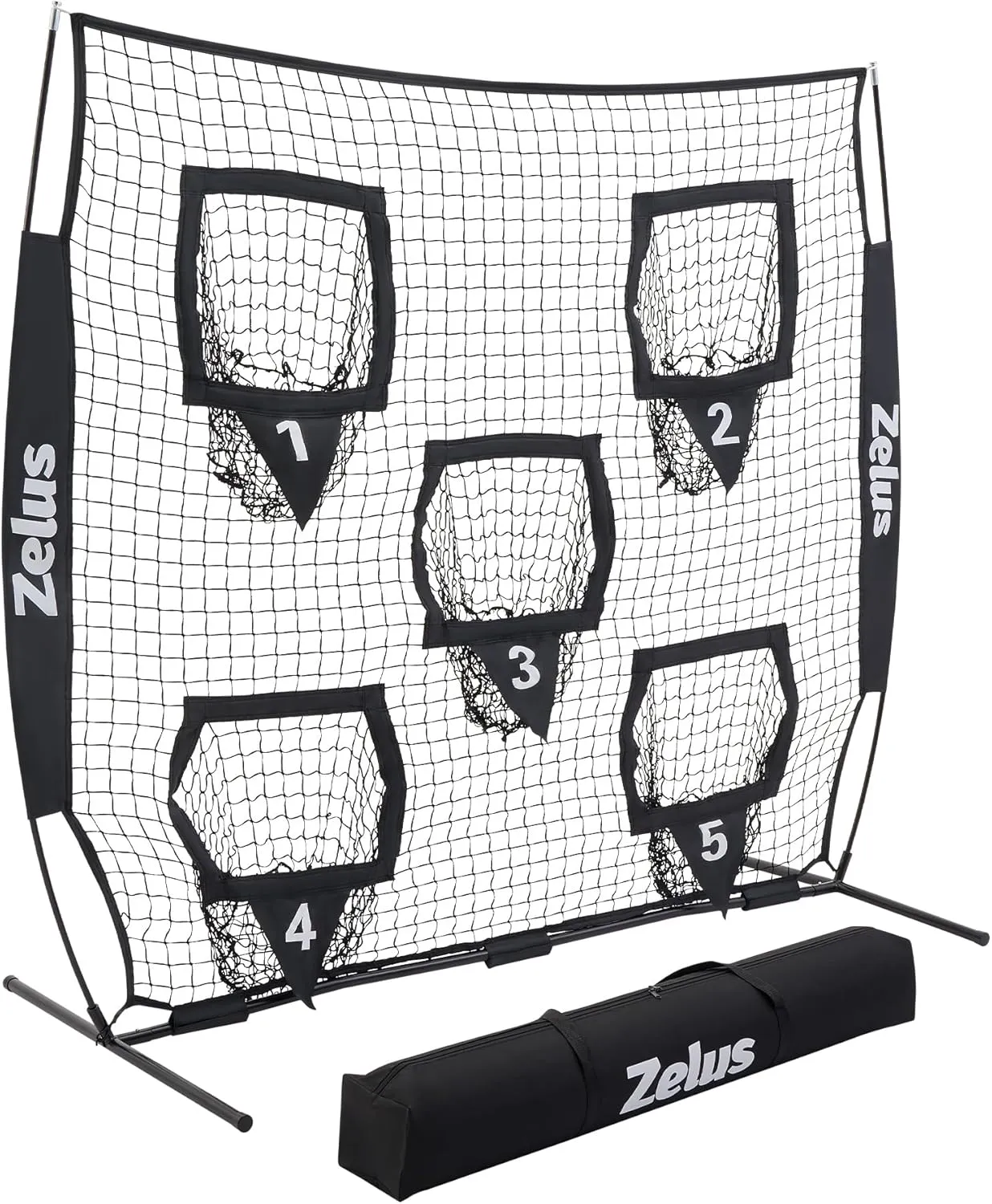 ZELUS Football Throwing Net, Quarterback Training Equipment with 5 Target Pockets, Football Practice Throwing Passing Accuracy Trainer with Carry Bag Ground Stakes for Kids Adults