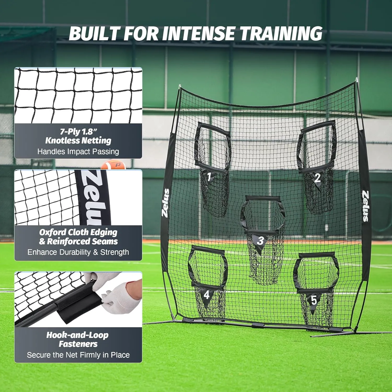 ZELUS Football Throwing Net, Quarterback Training Equipment with 5 Target Pockets, Football Practice Throwing Passing Accuracy Trainer with Carry Bag Ground Stakes for Kids Adults